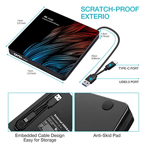 External DVD Drive, M WAY USB 3.0 External CD Drive, Dual Port USB C External DVD CD Player RW for Laptop PC MacBook OS Windows 7/8/10/Linux - Colorful Flame Pattern (with Storage Bag)