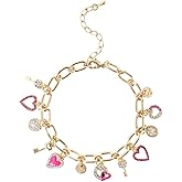 Cute Gold Heart Charm Link Bracelet for Women 14K Gold Plated Rhinetstone Love Heart Lock Key Lucky Clover Chain Bracelet with Dangle Crystal Pendant Adjustable Party Trendy Y2K Jewelry Gift for Women