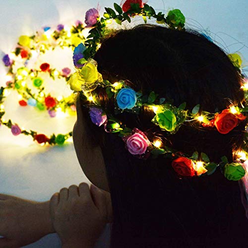          LED Flower Crown Glow in The Dark Party Favors, 12 Pack Adjustable Flower Wreath Headband Luminous 10 LED Flower Headpiece Flower Headdress for Girls Women Wedding Holiday Gifts Dress Up Accessories
