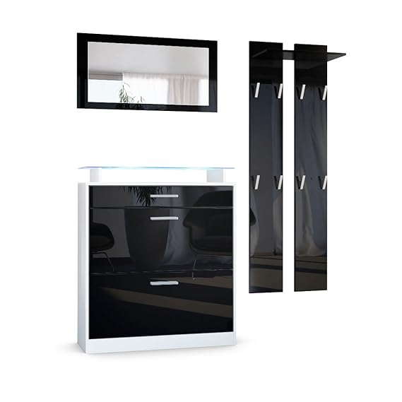 Vladon Garderobenset Garderobe Loret Mini, Korpus in Weiß matt/Front in Schwarz Hochglanz