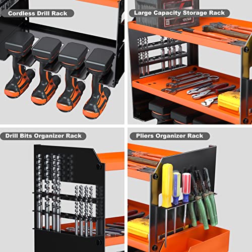 Power Tool Organizer Wall Mount - Heavy Duty Drill Holder with 4 Drill Storage Slots & 2 Large Capacity Compartments, Cordless Drill Storage Rack & Garage Drill Charging Station