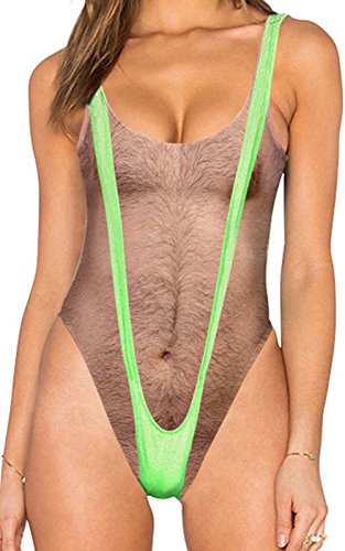 JOKHOO Women’s One Piece Sexy 3D Fake Bikini Print Funny Swimsuits Bathing Suit Swimwear Monokini (Hairy Chest 1, 2XL)