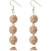 Colorful Long Natural Rattan Raffia Ball Drop Dangle Earrings Boho Handwoven Braid Straw Wicker Beaded for Women Handmade Bohemian Summer Beach Holiday Jewelry