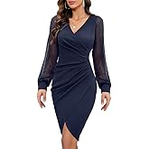 ihot Women's 2026 Sexy V Neck Mesh Long Sleeve Faux Wrap Ruched Sheath Bodycon Party Cocktail Work Dress