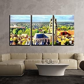 Medieval Church Among Buildings Aerial View Illustration x3 Panels