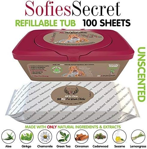 SofiesSecret XL PET Wipes, 100 Sheets +1Tub, All in One Grooming, for Paws, Coat, Skin, Face, Ears and Teeth, Made with only Naturally derived Ingredients, Oils & Extra, Cruelty Free and Vegan
