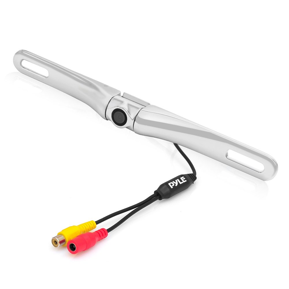 Pyle License Plate Rear View Camera - PLCM18SC Built-in Distance Scale Lines Backup Parking/Reverse Assist Waterproof Adjustable Slim Bar Cam w/ 420 TVL Resolution & RCA Output Zinc Metal Chrome