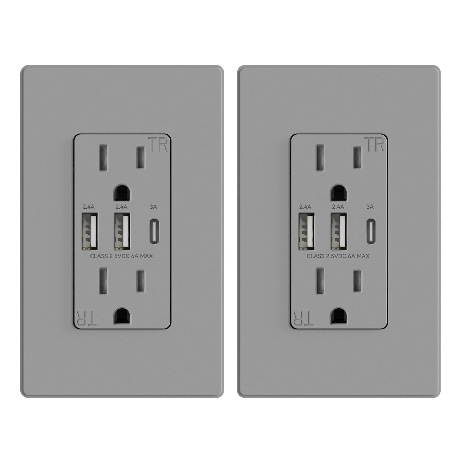ELEGRP USB Outlets Receptacles, 3-Port Wall Outlet, 30W 6.0A Electrical Outlet, 15 Amp Tamper-Resistant Outlet with Type C Ports, UL Listed, Wall Plate Included, 2 Pack, Matte Gray Image ELEGRP USB Outlets Receptacles, 3-Port Wall Outlet, 30W 6.0A Electrical Outlet, 15 Amp Tamper-Resistant Outlet with Type C Ports, UL Listed, Wall Plate Included, 2 Pack, Matte Gray Image