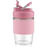 Sivaphe Reusable Glass Ice Hot Coffee Cup 12 oz, Portable Travel Mug with Spill-Proof Lid and Thermal Sleeve for Home Office Pink