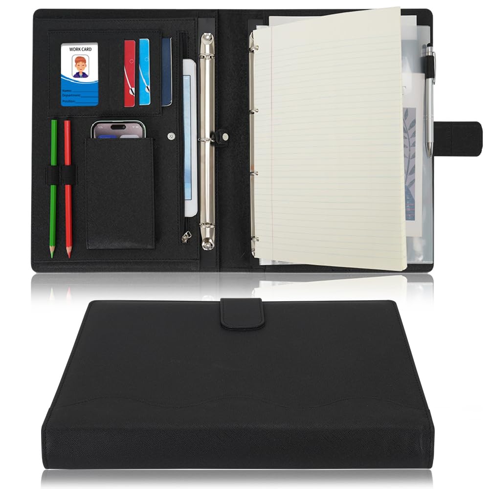 Wonderpool A4 PU Leather 4 Ring Holder Writing Portfolio Multi Document Case with Removable Binder Clipboard and Functional Pocket for Organizer Office Travel School (Black) — image 1