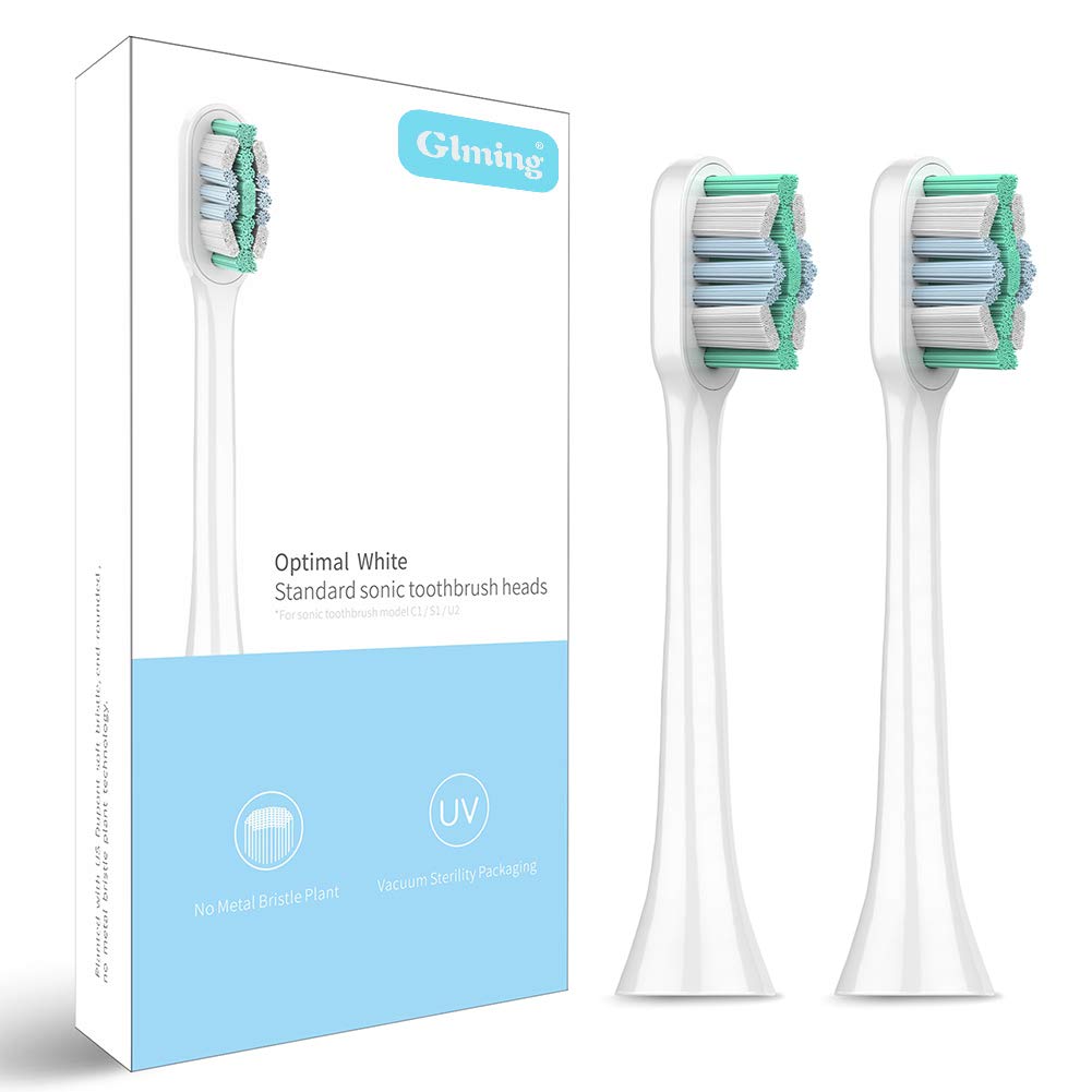 GLMING Electric Toothbrush Replacement Heads for V1,U2, U4 DuPont Bristles Pack of 2 (Brush Head White)