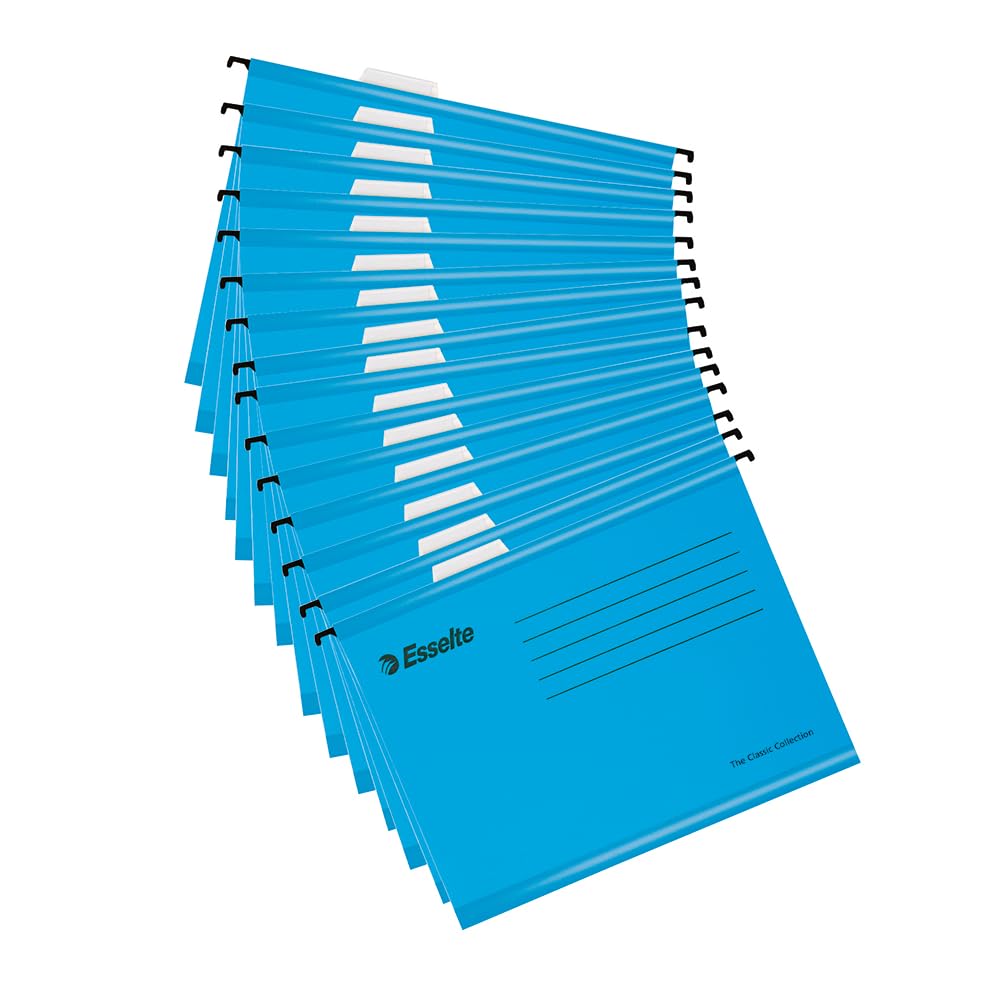Esselte A4 Reinforced Filing Cabinet Suspension File, Pack 15, Made from Strong 100% Recycled Card, with Tabs and Card Inserts, for Home, Office, School Organisation, Blue