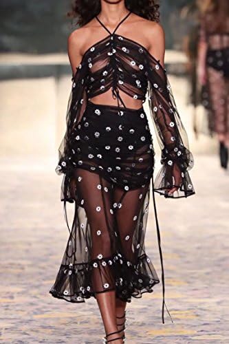 INSTAddict Womens Embroidered Off Shoulder Long Sleeve Sexy Black Mesh Lace Crop Top and Midi Skirt Two Piece Set (Small)