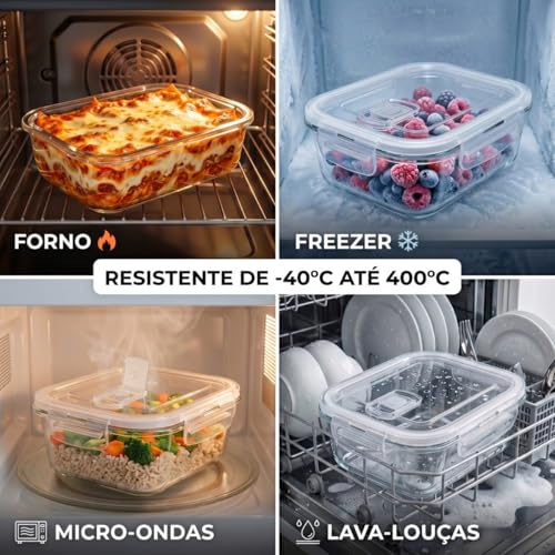 Kit 5 Potes Herméticos de Vidro Resistente de 650ml com Travas de Segurança e Tampa com Válvula | Próprio para Freezer, Microondas e Forno - Kit 5 Unidades