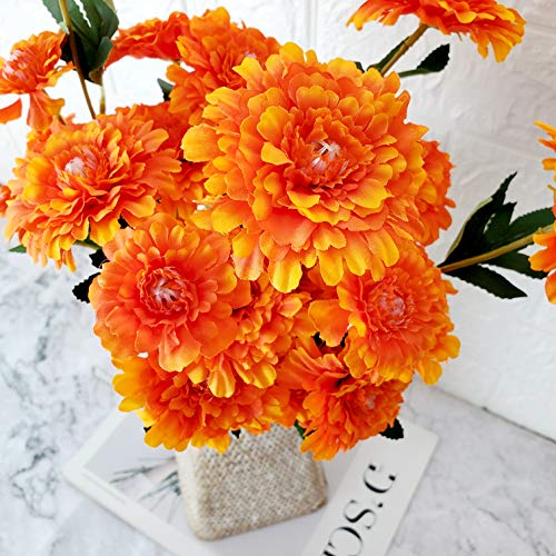 TRvancat Artificial Marigold Flowers 3 Pack, Silk Flowers Bush for Indian Weddings, Indian Themed Event, Diwali DÃ©cor 24 inches (Orange)