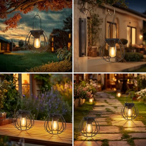 Dehobo Outdoor Solar Lanterns – Pot Shape Solar Lamp IP65 Waterproof 2 Pieces – Metal Solar Lights Outdoor Garden Vintage Hanging for Garden, Balcony, Camping and Decoration, Halloween