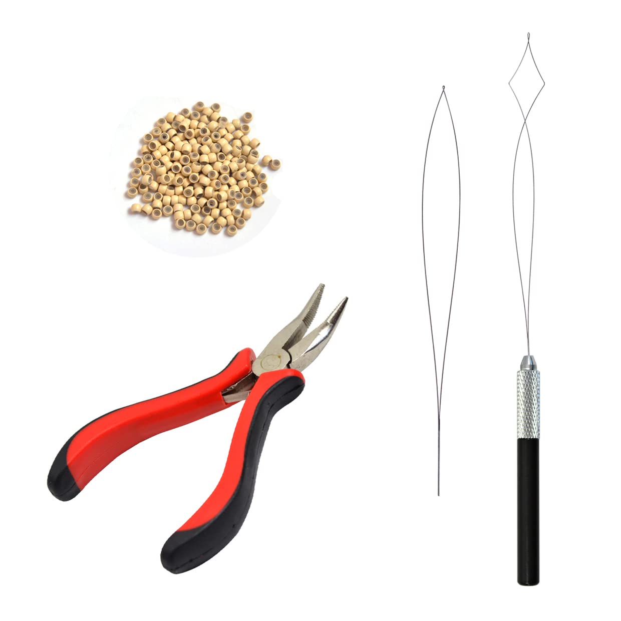 Hair Extensions Pliers Kit with I-tip Hair Pliers Pulling Needle Loop Threader and 200 Pcs 3.0mm Silicone Lined Nano Rings Micro Links Beads (Blonde)