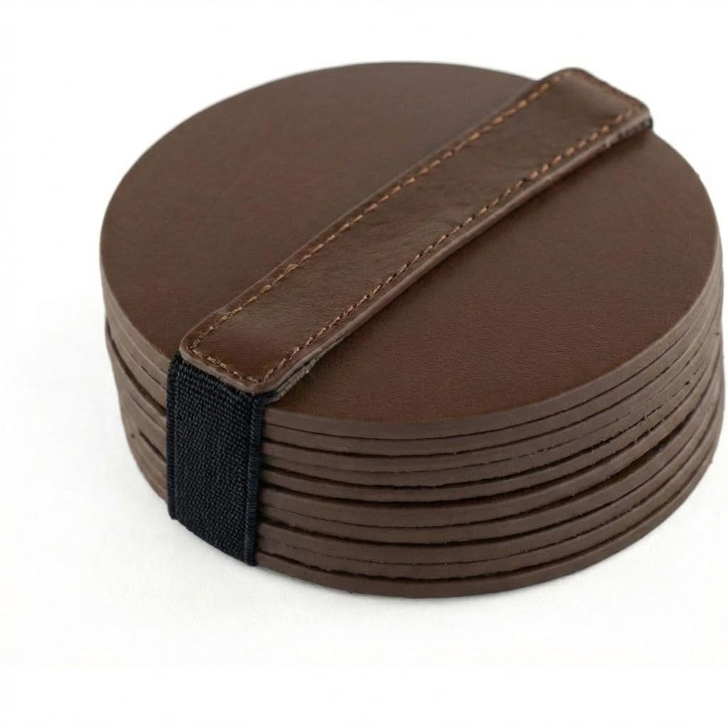 Brute Strength - Full grain leather coasters - Brown - Round - 10 pcs - Round coaster for glass - Coasters for drinks - includes holder