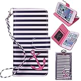 iPhone 6 6s Wallet Case, True Color® HD Printed Nautical Coral Anchor on Stripes Wristlet Purse Clutch + Removable Wrist Strap Card Slots & I.D Window Magnetic Closure Media Stand [True HD Collection]