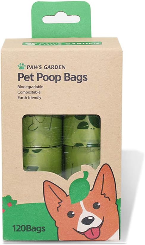 PAWS GARDEN Biodegradable Poop Bags, 120 Earth-Friendly Cornstarch Dog Waste Bags with Dispenser - Large, Unscented, Leak Proof, Easy-Tie Handles