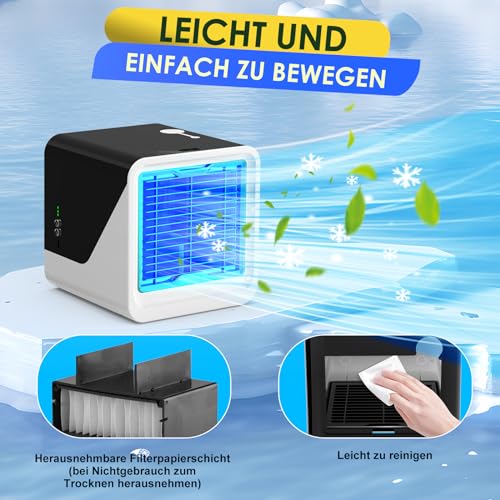 Portable Air Conditioner, 3 in 1 Tubeless Air Cooler, USB Quiet Fan with Water 500ml, 3 Speeds, 7 Colors Light, Small Evaporative Air Conditioner for Bedroom and Office