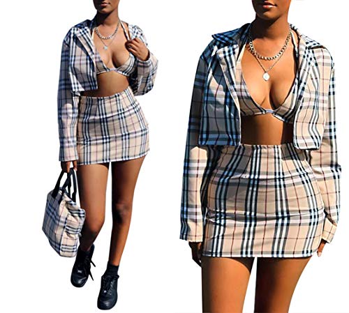 Women's Sexy Plaid Bra Long Sleeve Crop Top and Bodycon Mini Dress 3 Piece Outfits