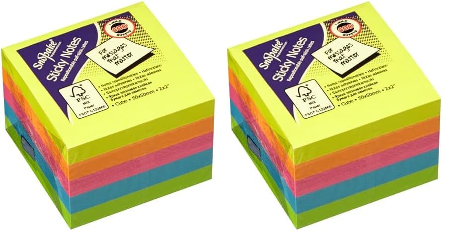 Snopake 50 x 50 mm Neon Assorted Sticky Notes [Pack of 2, 400 Sheets per Pad] 13223