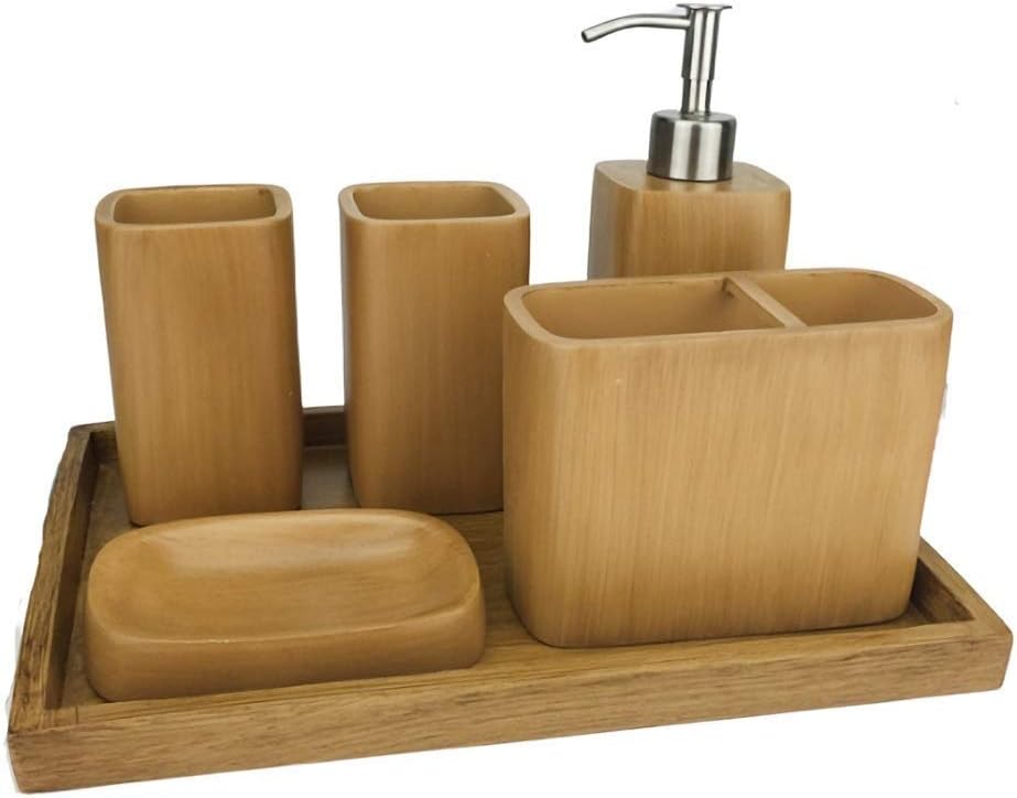 LOSYU Bathroom Accessory Sets 6pcs, European Simple Resin Toiletries Organiser, Toothpaste Rack Soap Dispenser Toothbrush Holder Soap Dish Brushing Cup (Color : Brown, Size : With tray)