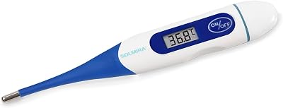 - Termómetro digital, preciso ±0,1°C, ponta flexível, oral/retal/axila, impermeável IP54, aviso sonoro, caixa incluída, amarelo/azul/azul-marinho