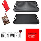 Cast Iron Reversible Griddle 20"/10" by Iron World | Hand Made Pre Seasoned | 2 x Bonus Gifts - Chef Glove and BBQ Recipes eBook