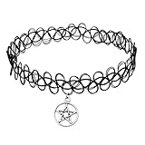 iWenSheng Women Vintage Black Gothic Double Line Henna Tattoo Choker Collar Necklace with Pentagram Pendant