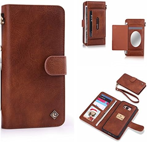 Samsung S8 Plus Case, Galaxy S8 Plus Wallet Case,SHANGRUN Premium PU Leather Multi-function Wrist Band Mirror Purse [Magnetic Detachable] Case Cover for Samsung Galaxy S8 Plus 6.2" Brown