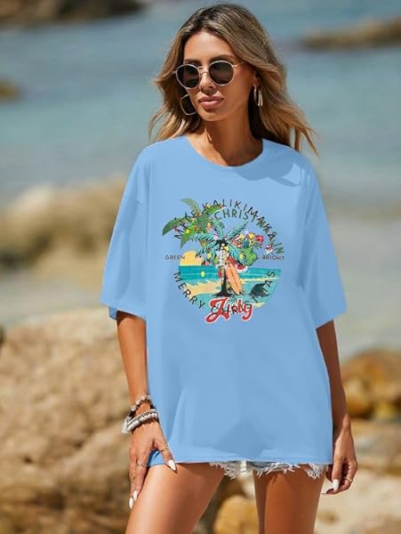 CHRISTMAS JULY SHIRT HAWAIIAN SHIRTS: WOMEN CHRISTMAS SANTA XMAS LIGHTS GRAPHIC TEE SUMMER BEACH VACATION OVERSIZED TOPS BLUE