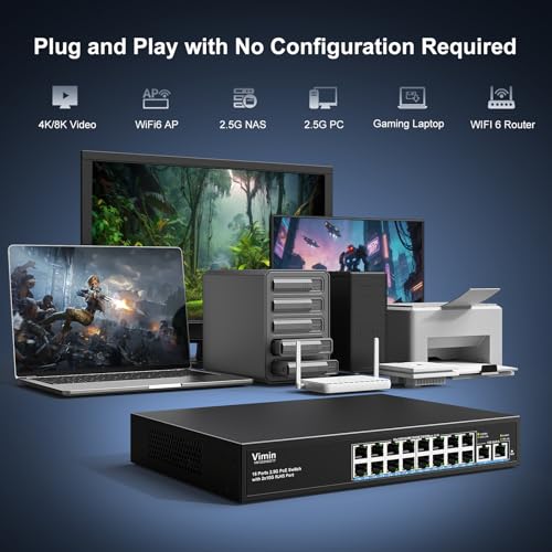18 Port 10G/2.5G Ethernet Switch with Dual 10GBASE-T, Vimin 16x2.5G + 2 Port RJ45 10GB Unmanaged Switch 80Gbps Capacity 80Gbps Capacity 10G Desktop Network Switch for NAS PC AP
