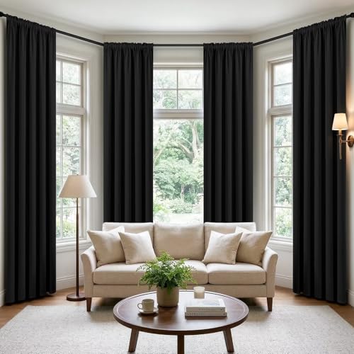 CUCRAF Black Blackout Curtains 108 inch Length 2 Panels Set, Rod Pocket Room Darkening Drapes for Bedroom Living Room, Insulated Thermal Light Blocking Window Curtain (W52 x L108 Inch)