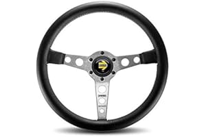 MOMO Prototipo Steering Wheel Black Leather Grip Brushed Aluminum Spoke White Stitch 350mm
