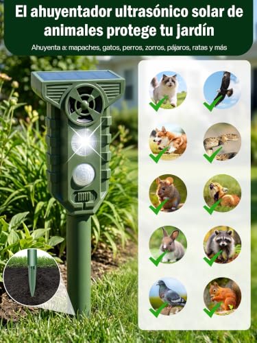 Espantapajaros Exterior Ahuyentador de Pajaros : Repelente Gatos Solar Ultrasonidos con Luz LED Flash IP65 Impermeable- Auyentadores de Palomas Potente para Jardín de Patio Césped Amplio Alcance Verde