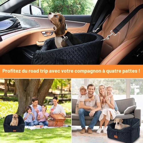 Vivifying Car Seat for Small Dogs, Removable and Washable Booster Seat for Pets up to 10 kg - Travel Bed with Storage Compartments and Seat Belt (Black)