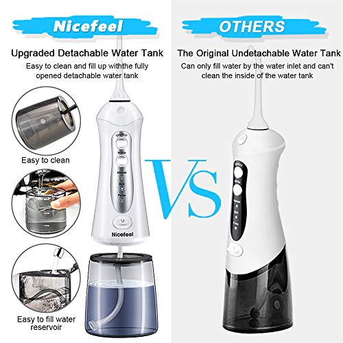 Cordless Water Flosser Teeth Cleaner, Nicefeel 300ML USB Rechargable 3-Mode Portable Oral Irrigator for Travel, IPX7 Waterproof Dental Water Flosser with 4 Jet Tips for Family - Thumbnail 4