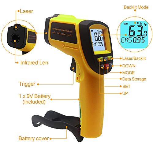 KETOTEK IR Infrared Thermometerï¼Œ -58â„‰- 1112â„‰ï¼ˆ-50â„ƒ - 600â„ƒï¼‰Non-Contact Digital Laser Infrared Thermometer Temperature Gun with LCD Display for Kitchen Food Meat BBQ and Industrial (Orange)