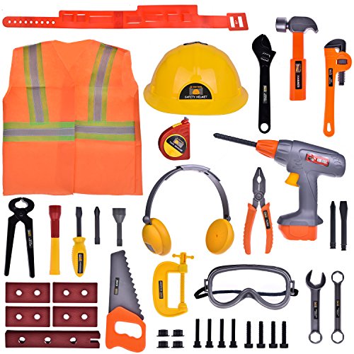 FUN LITTLE TOYS Construction Kids Tool Toy Set, Handy-man Pretend Play Set, Role Play Costume With Hard Hats, Tool Belt and Accessories, 40 PCs