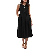 Amazhiyu Women's 100% Linen Button Front Pleated Sleeveless Midi Dresses Summer