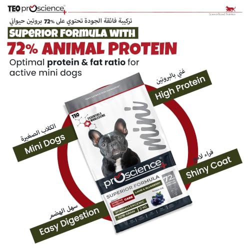 Teo Premium Proscience Mini Sterilised Dog Food 2KG Lamb & Blueberry, 72% Animal Protein, Hypoallergenic Low-Grain Recipe with Omega 3 & 6, Glucosamine, Chondroitin & Fish Oil, 28% Protein 12% Fat