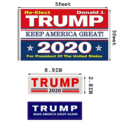 Homtable 2 Pack Trump 2020 Flags, Keep America Great Flag 3 X 5 Feet with Grommets and 20 Pieces Car Bumper Stickers Supporting Re-Elect Donald Trump