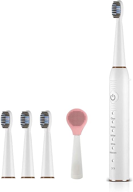 Amazon Co Jp 2 In 1電動歯ブラシ 4つのブラシヘッドを備えた大人用のフェイシャルクレンジングブラシ1つのフェイシャルクレンジングブラシヘッド5つのモード充電式強力な ホワイトニング歯ブラシポータブル 防水歯ブラシ ホーム キッチン