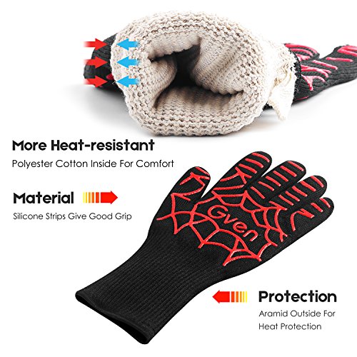 Gven BBQ Gloves, Extreme Heat Resistant Cooking Kitchen Mitts Non-Slip Grilling Gloves BBQ Fireplace Accessories with Cool Spider Design