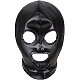 TPQYMX Black Leather Full Face Mask Gothic Prom Three Holes Head Cover Adjustable Hollow Out Head Hood Party Club Costume Accessory