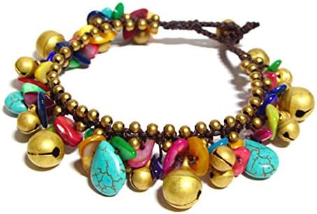 Idin - Handmade Gold-tone Beads and Bell with Multicoloured Natural Stones and Teardrop Turquoise Woven with Waxed Cord Anklet (Approx. 23-24 Cm)