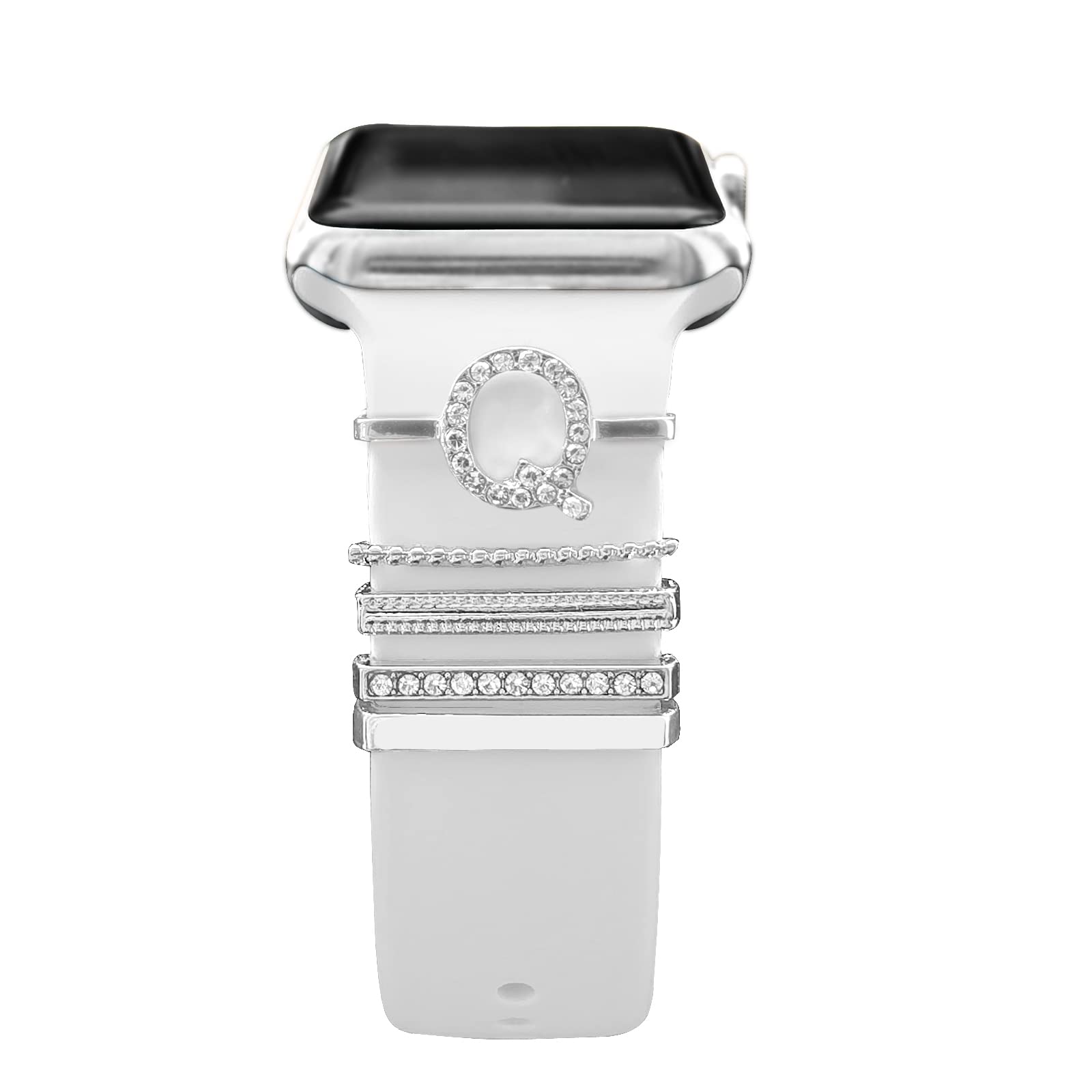 Diamond Decorative Rings Loops Compatible with Silicone Apple Watch Straps 38mm 40mm 41mm 42mm 44mm 45mm 49mm, Watch Band Metal Charms Accessories for iWatch 8 7 6 5 4 3 2 1 SE Ultra,Letter Q