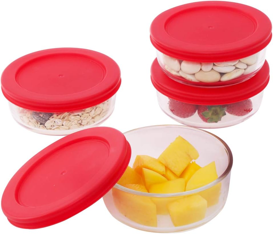 AILTEC 4 Pack Round Glass Food Storage Containers, 1.27 Cup Food Storage with BPA-Free Red Lids, Clear Glass Meal Prep Containers, Prep Bowls Lunch Box Microwave, Freezer, Over and Dishwasher Safe